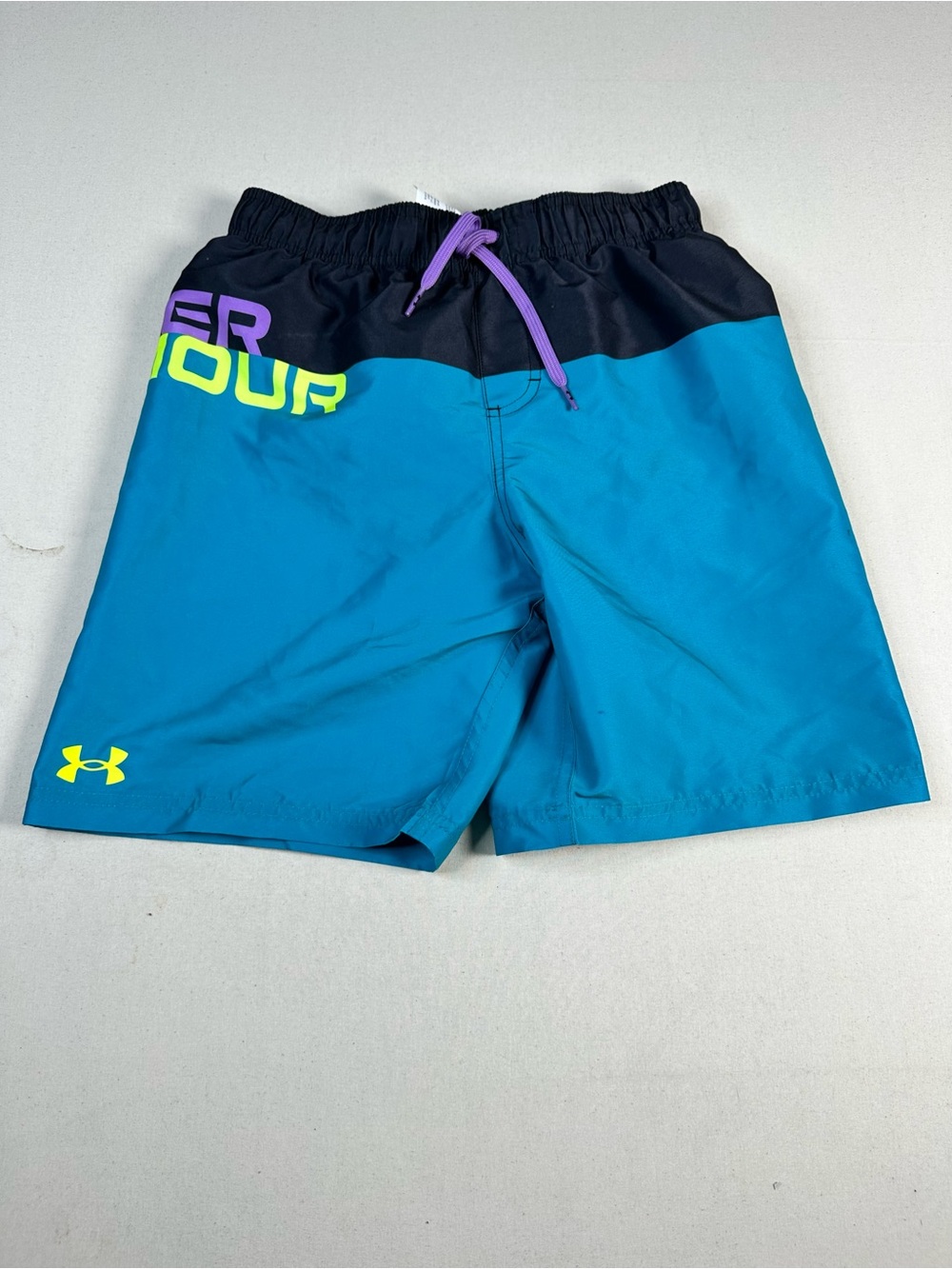 Under Armour Boys' Teal Swim Trunks with Black Waistband and Purple Drawcord L